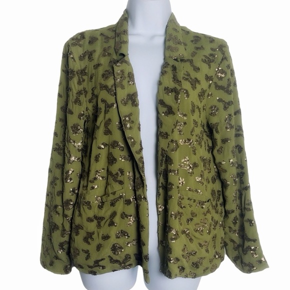 Lucky Brand Woman’s Green Gold Sequin Open Front Blazer Size XS - Picture 1 of 7